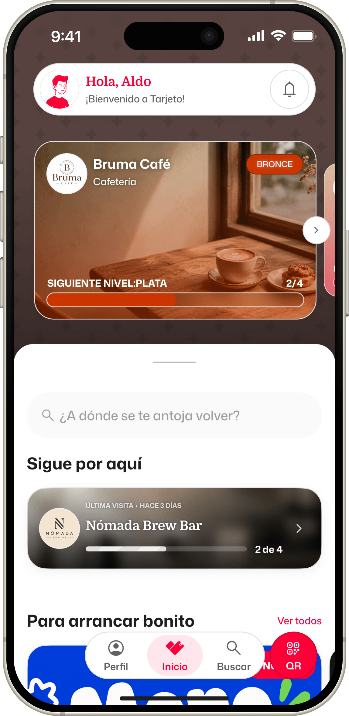 Pantalla de inicio de Tarjeto